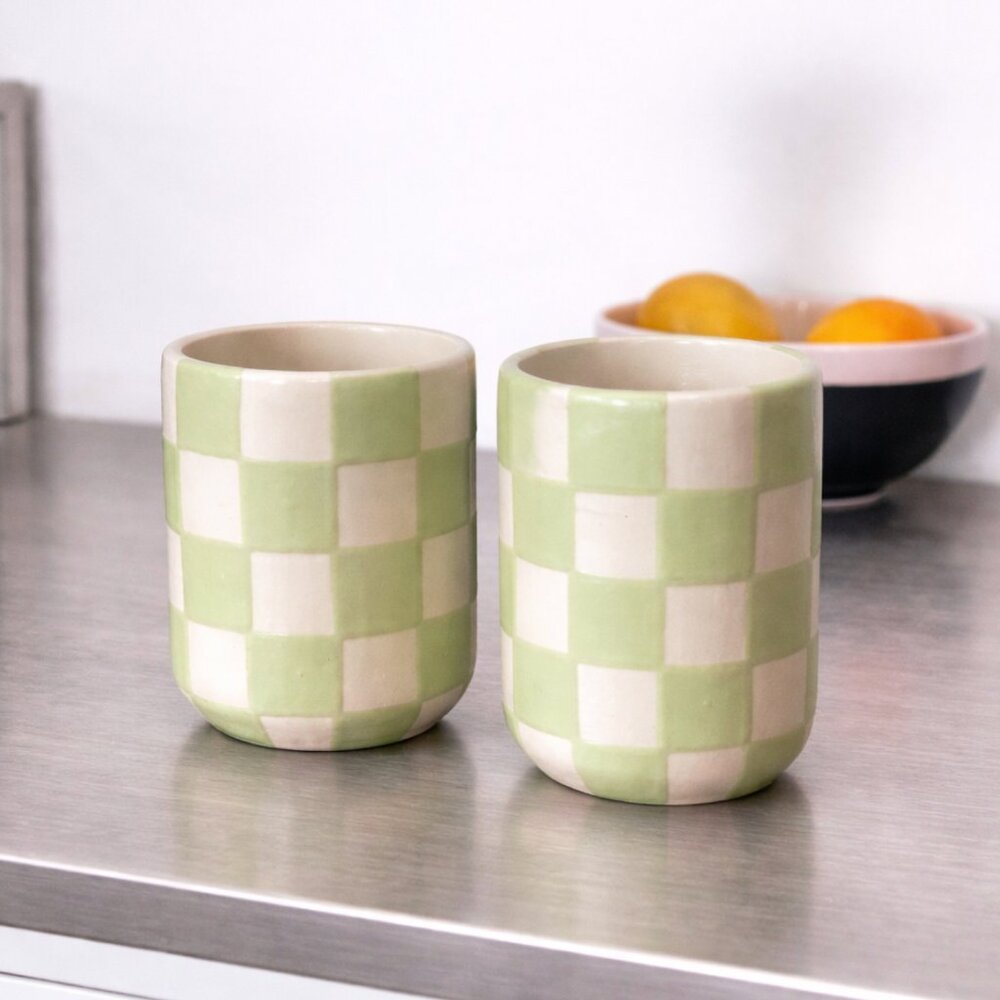 Handmade Hand-Painted Ceramic Cup –‎ Lime Green & White Checkered